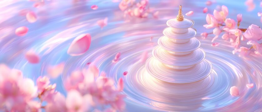 A white Christmas tree is floating in a pink river