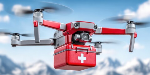 Emergency Rescue Drone Carrying First Aid Kit in Mountain Region