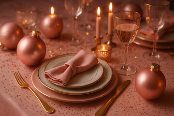 Elegant Pink and Gold Christmas Dinner Table Setting with Candles and Ornaments