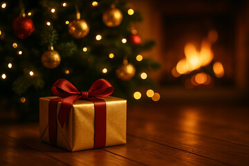 Golden Christmas Gift Box with Red Ribbon Under Festive Tree by Cozy Fireplace Light