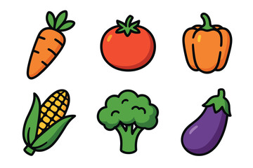 Colorful drawing featuring a variety of vegetables including a carrot, tomato, orange bell pepper, corn, broccoli, and eggplant.