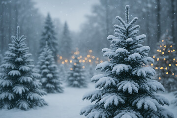Obraz premium Snow Covered Pine Trees Decorated with Festive Lights During Winter Snowfall