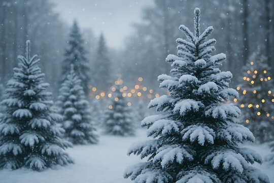 Snow Covered Pine Trees Decorated with Festive Lights During Winter Snowfall