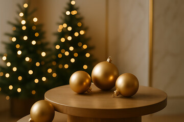 Elegant Golden Christmas Baubles on Wooden Table with Soft Festive Lights