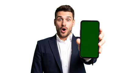 Man holding phone with a green screen in amazement and looking at camera