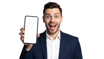 Excited man holding up a mobile phone with a blank screen, showcasing a new app or service 