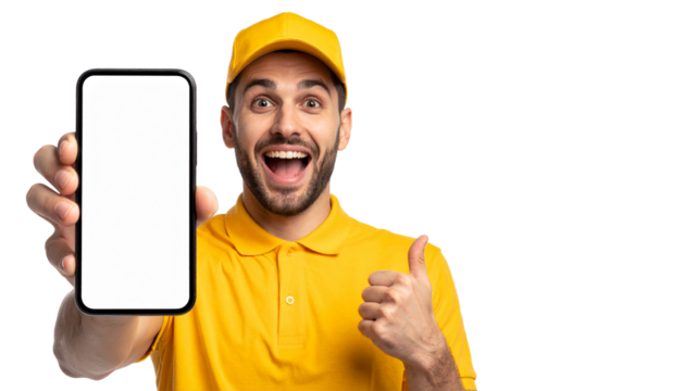 A cheerful person holding a phone with a blank screen, offering a thumbs-up gesture and wearing yellow uniform