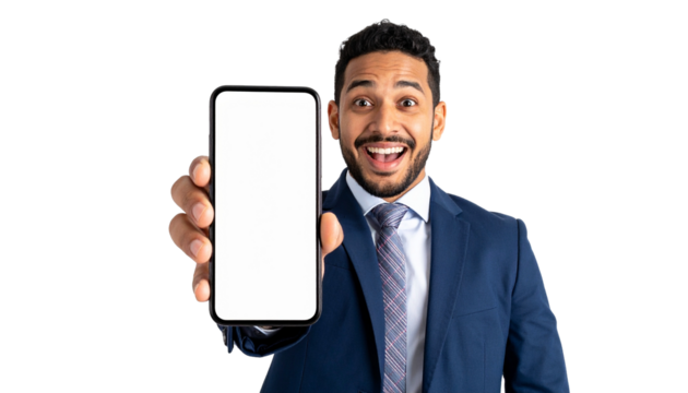 A businessman is holding a smartphone with a blank screen, displaying excitement and anticipation. The man is well-dressed in a suit, suggesting a professional setting.