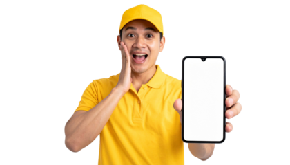 A delivery man holding and presenting a blank smartphone screen with excitement and an impressed facial expression. Dressed in yellow outfit