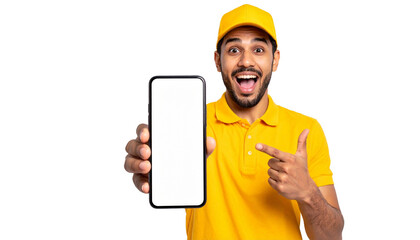 A smiling delivery man, showcasing a mobile phone with a blank screen, suggesting an app or service on the phone