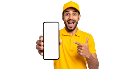A smiling delivery man, showcasing a mobile phone with a blank screen, suggesting an app or service on the phone