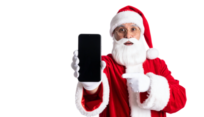 Santa Claus showing a blank phone screen, perfect for your holiday message. He's dressed in his traditional attire and points towards the display, ready to deliver cheer