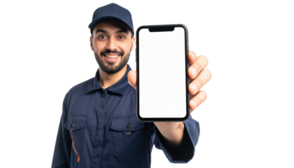 A smiling man holding a blank smartphone screen