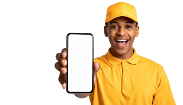 Smiling man presenting smartphone with blank screen