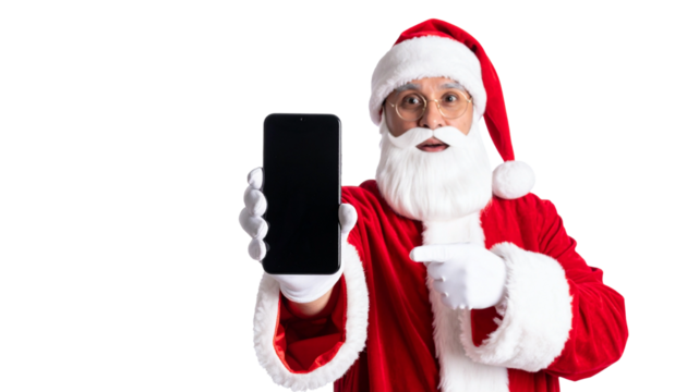 Santa Claus showing a blank phone screen, perfect for your holiday message. He's dressed in his traditional attire and points towards the display, ready to deliver cheer