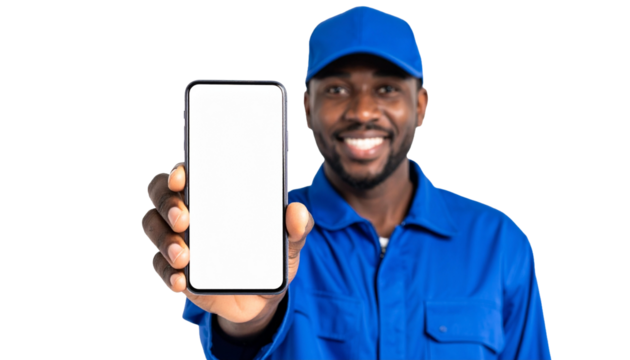 A person happily holding up a blank phone, ready for display. A close-up view of a cheerful person presenting a smartphone, capturing a moment of technology
