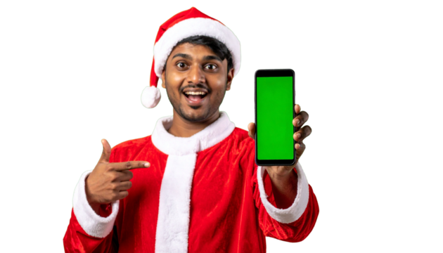 Santa Claus holding smartphone with a green screen in a festive pose, perfect for showcasing your holiday app!