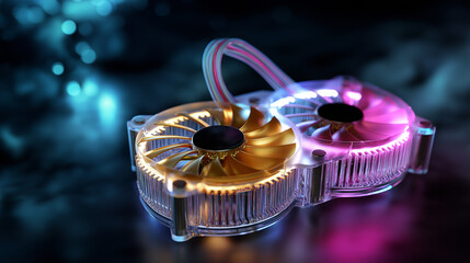 Faceless digital twin concept — semi-transparent cooling system rendered with soft focus and glowing color balance, with copy space.