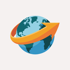 Globe with continents and an orange arrow wrapping around it in a circular motion on white background