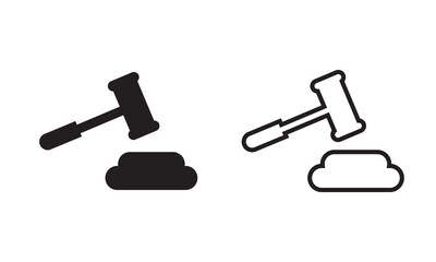 Gavel icons representing justice and legal decision. Two simple gavel icons, one solid and one outlined, symbolizing law, justice, and court decisions in minimal black and white design.

