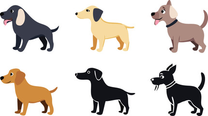Collection of Six Cartoon Dogs in Various Colors and Breeds
