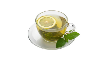 A cup of green tea with lemon and mint isolated on transparent background