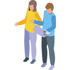 Two people standing and looking at a laptop computer in a digital illustration with a transparent background