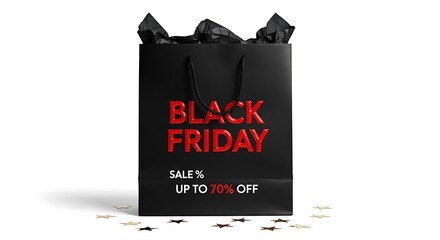 A black shopping bag displays 'Black Friday' with 'Sale % Up to 70% Off' text.