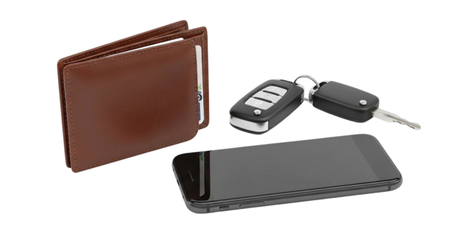 Wallet, car key, and smartphone isolated on transparent background for everyday carry - Powered by Adobe