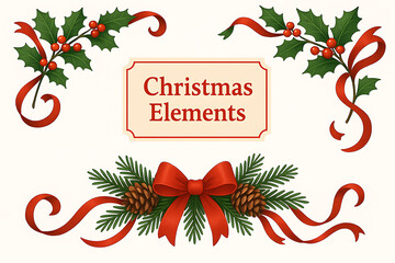 Classic Christmas Decorative Elements With Ribbons Pine Branches And Holly Berries