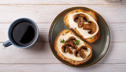 Sandwiches With Soft Cheese And Mushrooms On A Plate A Cup Of Black Coffee On A White Wooden Background Breakfast