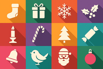 Colorful Christmas Icons Set Featuring Holiday Symbols In Flat Design Style
