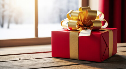 A red gift box wrapped with a luxurious gold ribbon and bow sits on a wooden table near a window.