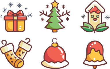 Fototapeta premium Christmas Clipart Set With Cute Holiday Vector Icons and Gifts