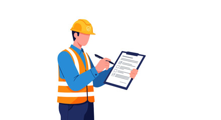 Engineer Inspecting Checklist in Order, with Safety Vest and Hardhat on Black Background.