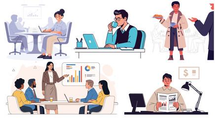 Fototapeta premium A vector set of business illustrations featuring various professionals in the fields of work, collaboration, planning, and productivity.