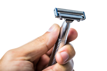 Man holding silver blue double edge safety razor isolated on a transparent background