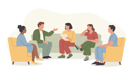 black silhouette of five people seated in semi-circle having discussion, symbolizing teamwork, therapy, meeting, and collaborative communication