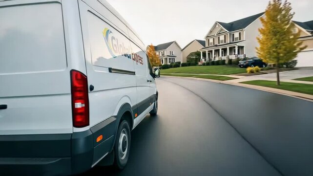Global express delivery van driving through a suburban neighborhood video generative ai