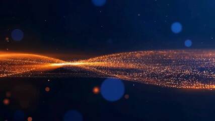 Dynamic abstract animation of shimmering orange/golden particles flowing horizontally in a wave pattern against a dark, cosmic blue background with subtle bokeh - Powered by Adobe