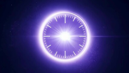 Futuristic abstract animation of a glowing purple clock face/timer graphic with a bright light burst, set against a dark, cosmic background - Powered by Adobe