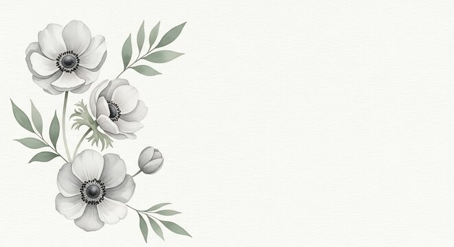 Watercolor anemone flowers and leaves on a textured offwhite background