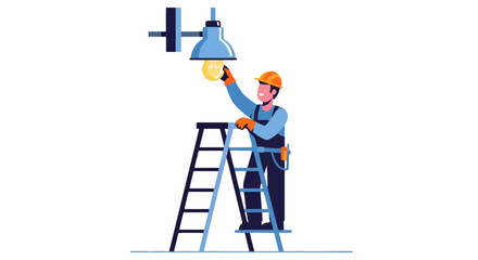 Electrician Changing a Light Bulb on a Ladder in a Visual Illustration