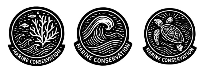 海洋保全シンボルセット、（波・サンゴ・ウミガメ）、Marine Conservation Symbol Set (Wave, Coral, Sea Turtle)