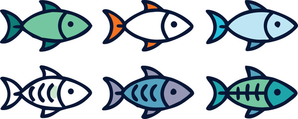 Fototapeta premium Six Colorful Cartoon Fish Illustrations on White Background