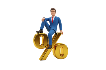 Businessman sitting on a golden percentage sign isolated on transparent background