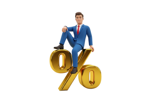 Businessman sitting on a golden percentage sign isolated on transparent background