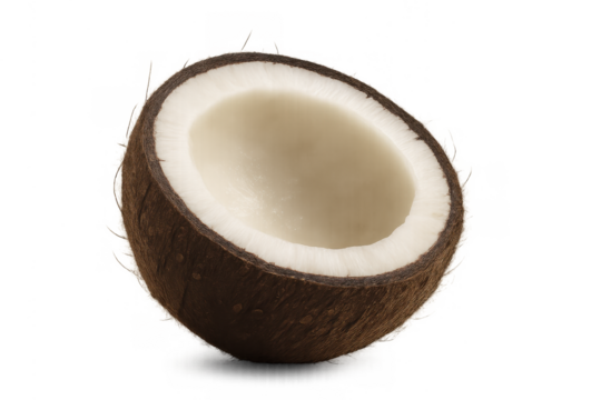 Fresh coconut half showing white meat and brown shell, tropical fruit ingredient for healthy food and drinks