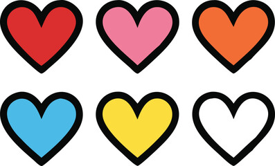 Six Colorful Hearts with Black Outlines on White Background