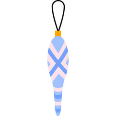 A Blue and Pink Striped Icicle Ornament Hanging On A White Background With A Black String